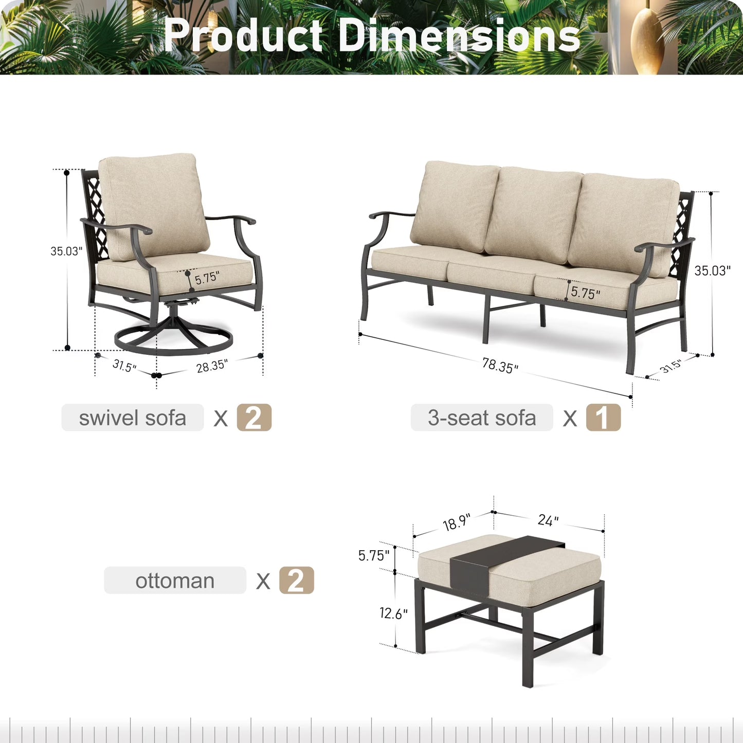 7-Seater Patio Conversation Set Metal Outdoor Furniture Set with Swivel Chairs and Ottomans - Beige